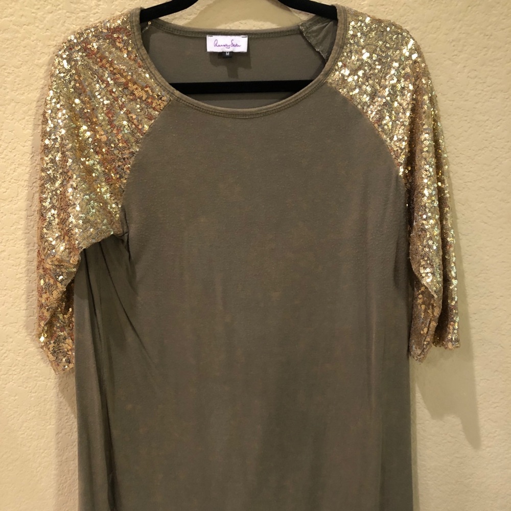 Army green shirt with glitter gold sleeves